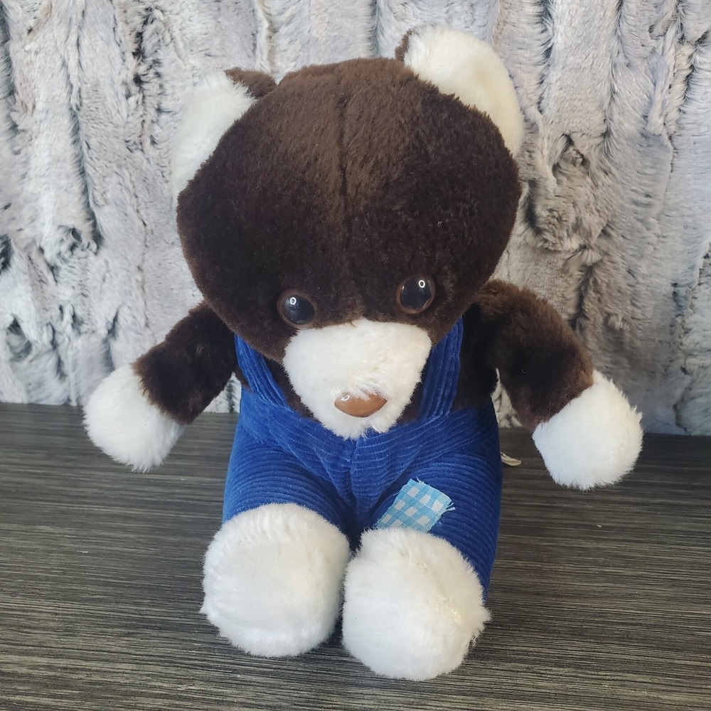 Russ Berrie Scooter Bear Plush Blue Corduroy Overalls Sitting Stuffed Animal 7.5